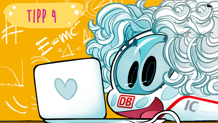 Tipp 4: Ida setzt mit weißen Haaren am Laptop. Matheformeln sind im Hintergrund zu sehen. 