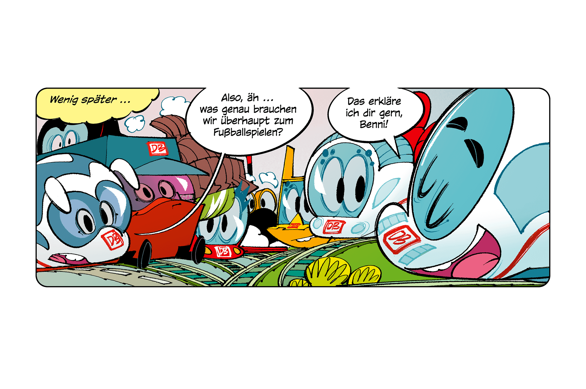 Comicfiguren Der kleine ICE und seine Freunde sprechen über Fußball