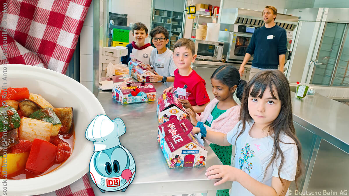 Eine Gruppe von Kindern bereitet in einer Versuchsküche der Bahn gemeinsam Essen zu und entdeckt neue Rezepte.