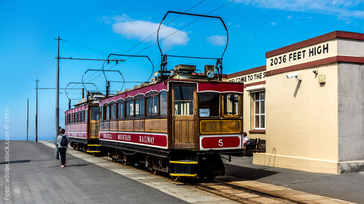 Snaefell Mountain Railway, mit zwei Straßenbahnwagen