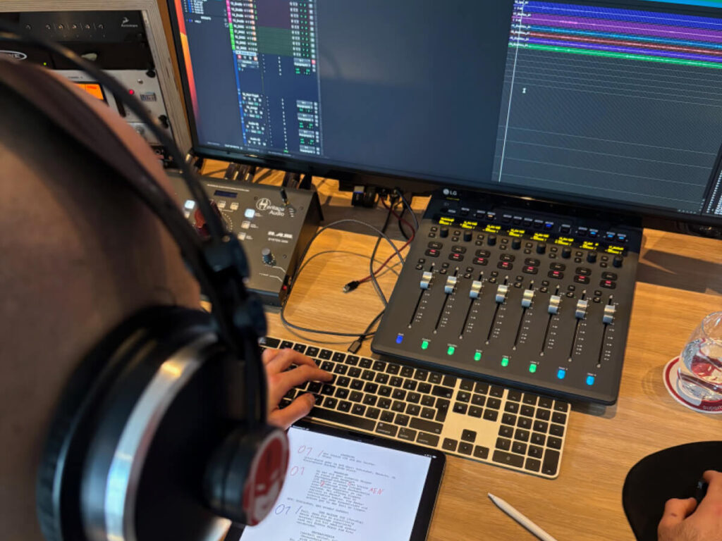 Tontechniker mit Kopfhörern am Computer, der Stimmen und Geräusche mischt.