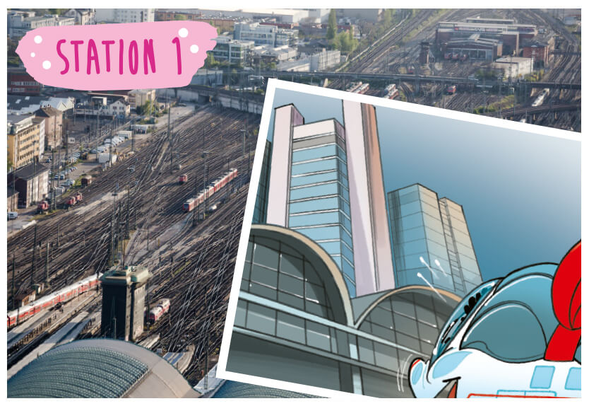 Station 1: Ida schaut auf die Skyline Frankfurts. Frankfurter Hauptbahnhof ist im Hintergrund.  