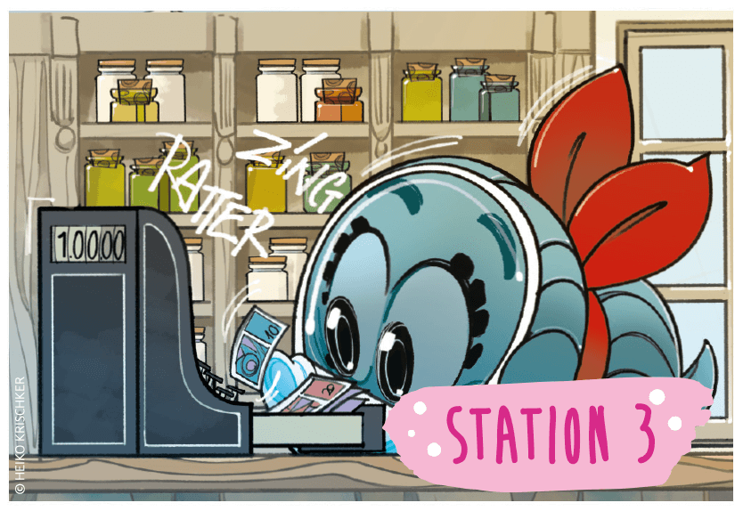 Station 3: Ida spielt mit einem antike Geldautomat.